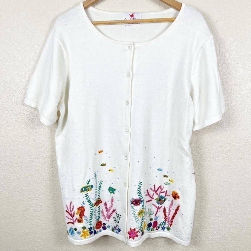 Quacker Factory‎ Women’s XL Ivory Short Sleeve Cardigan Sea Life Embellished